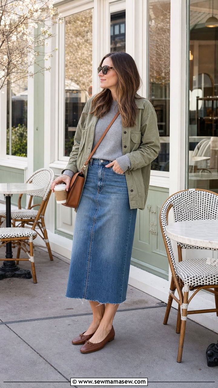 Midi Denim Skirt and Shacket with Ballet Flats - 25 Spring outfits with ballet flats