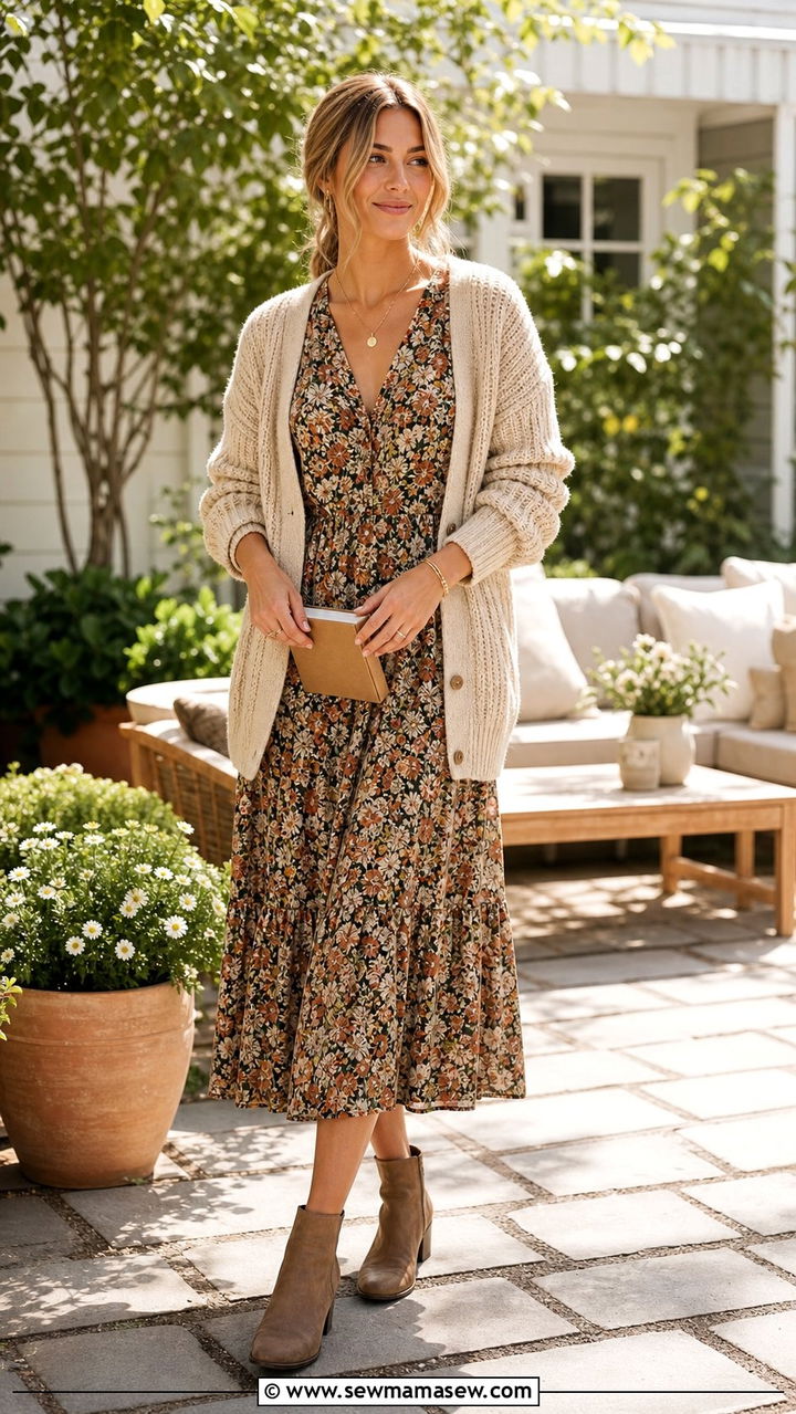 Midi Dress And Chunky Cardigan Book Club Outfit - 35 Book club outfit ideas