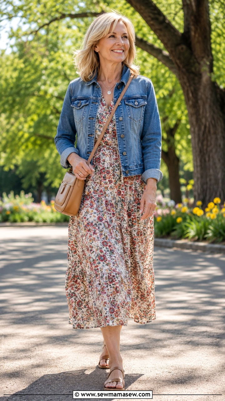 Midi Dress Denim Jacket - 30 Cute outfits for women over 50