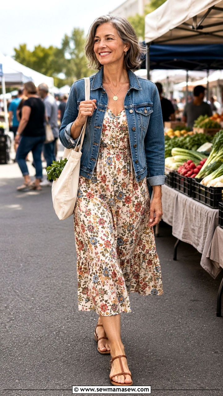 Midi Dress Denim Jacket - 30 Outfit ideas for women over 50 errands