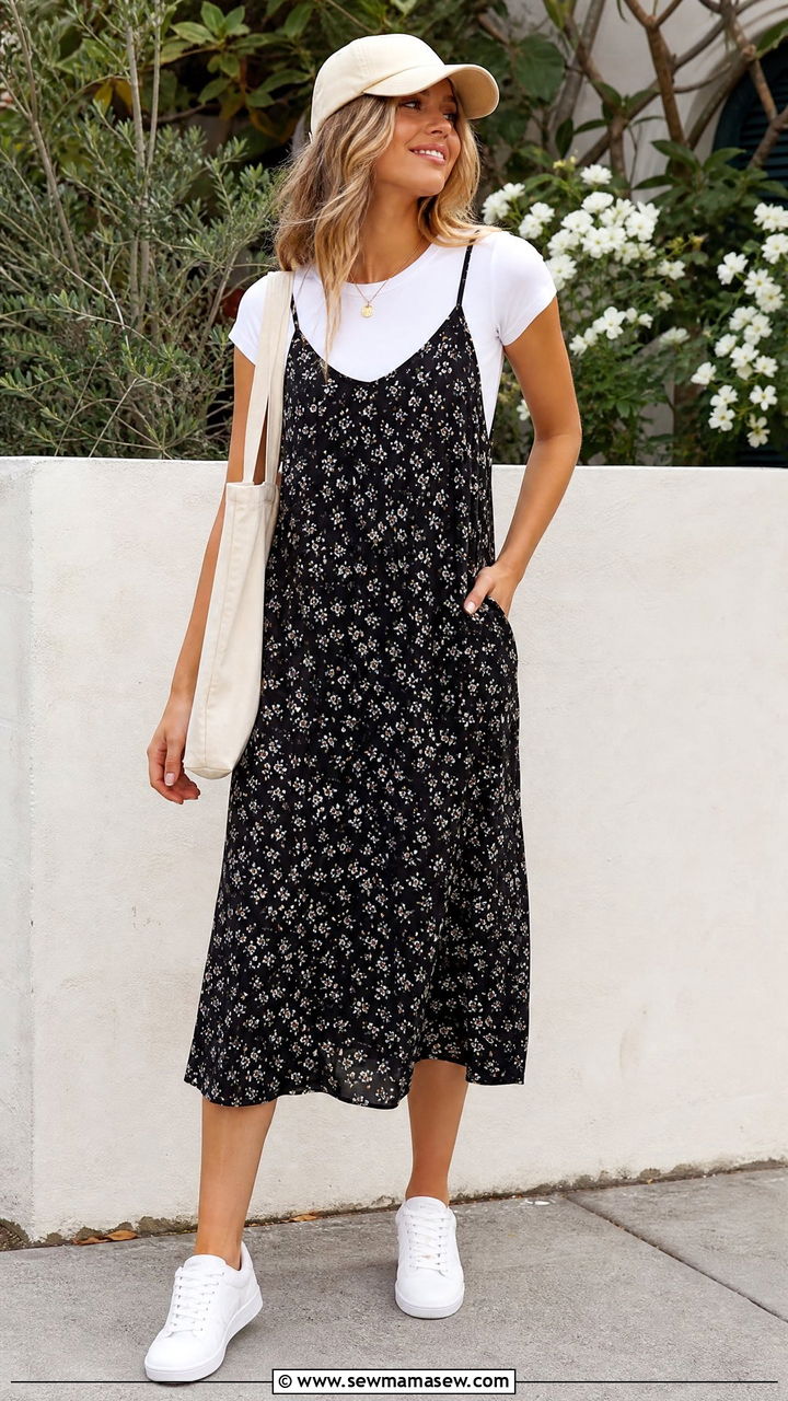 Midi Dress Layered Over A White Tee With Sneakers - 30 Midi dress outfit ideas with sneakers