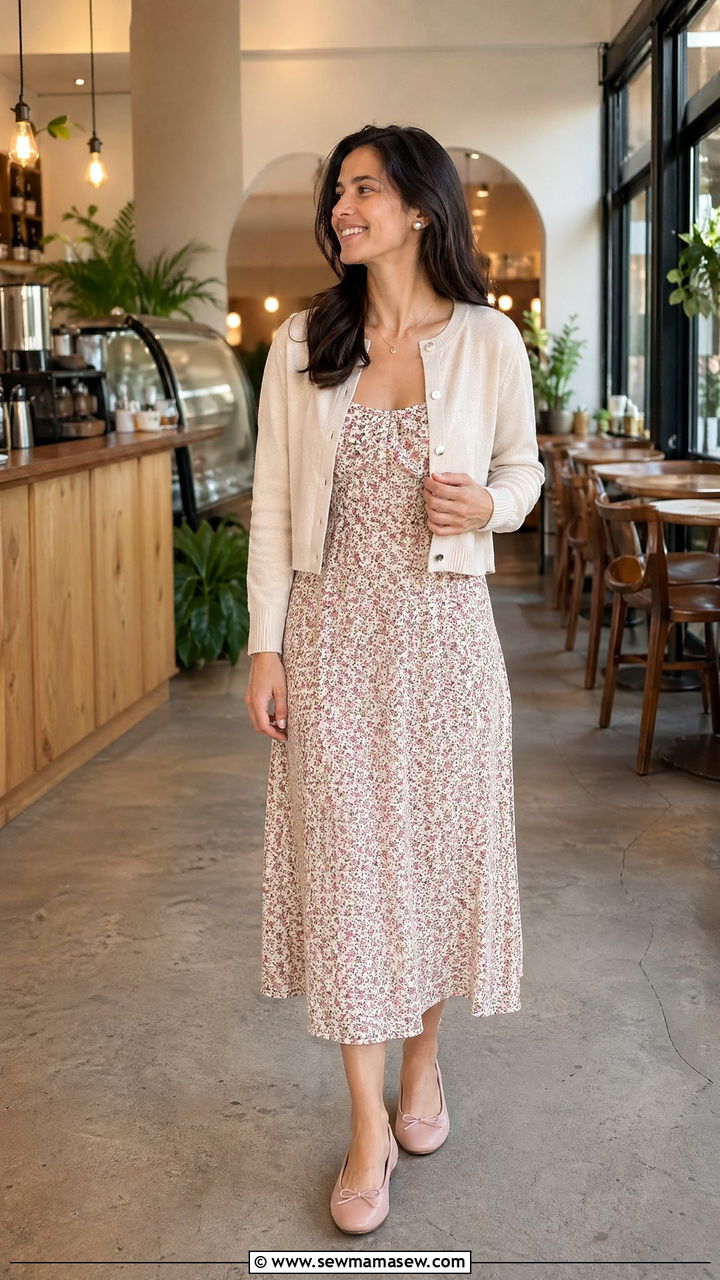 Midi Dress Outfit with Cardigan and Ballet Flats - 35 dress outfits for women