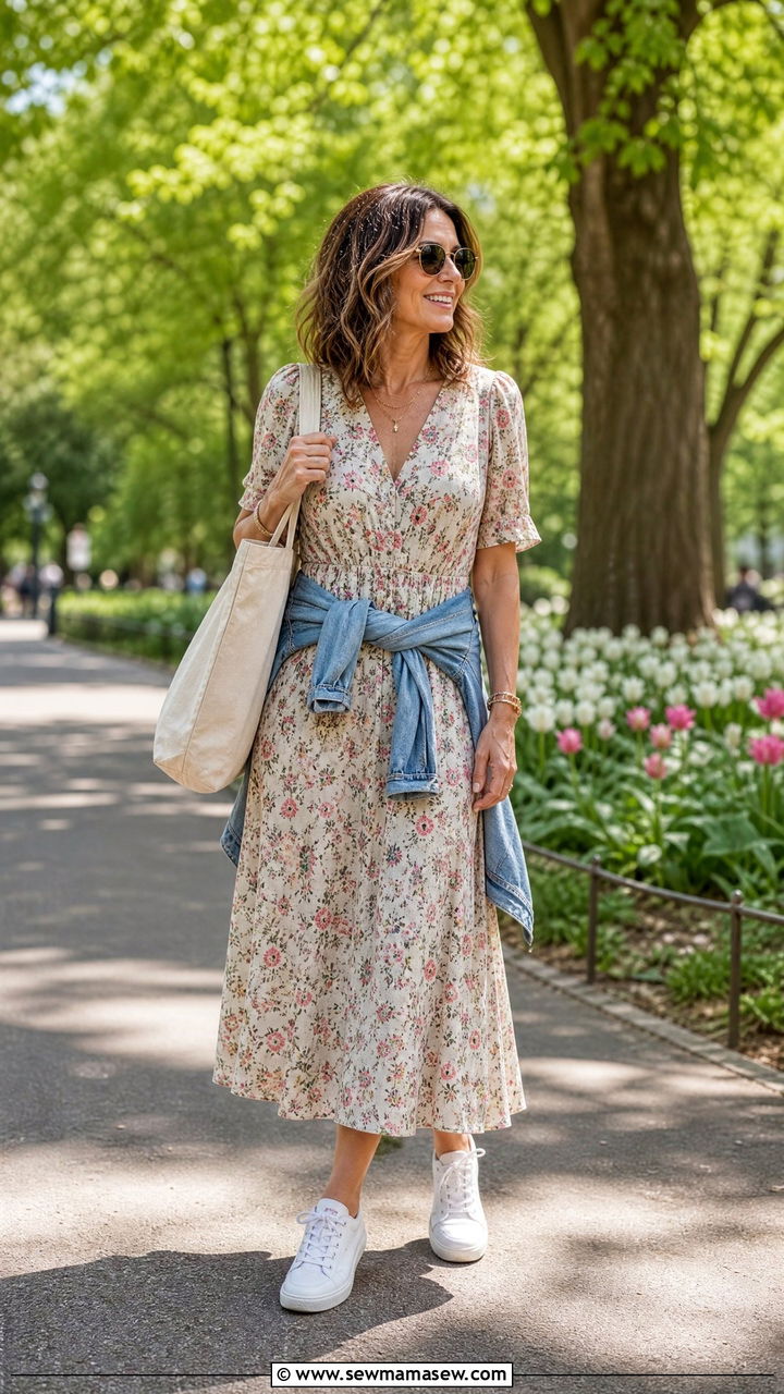 Midi Dress Paired With White Sneakers - 30 summer concert outfits for women over 40