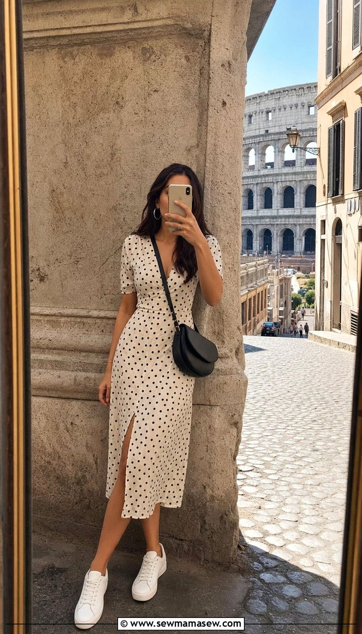 Midi Dress Sneakers and a Crossbody Bag - 25 Spring week in Italy outfits
