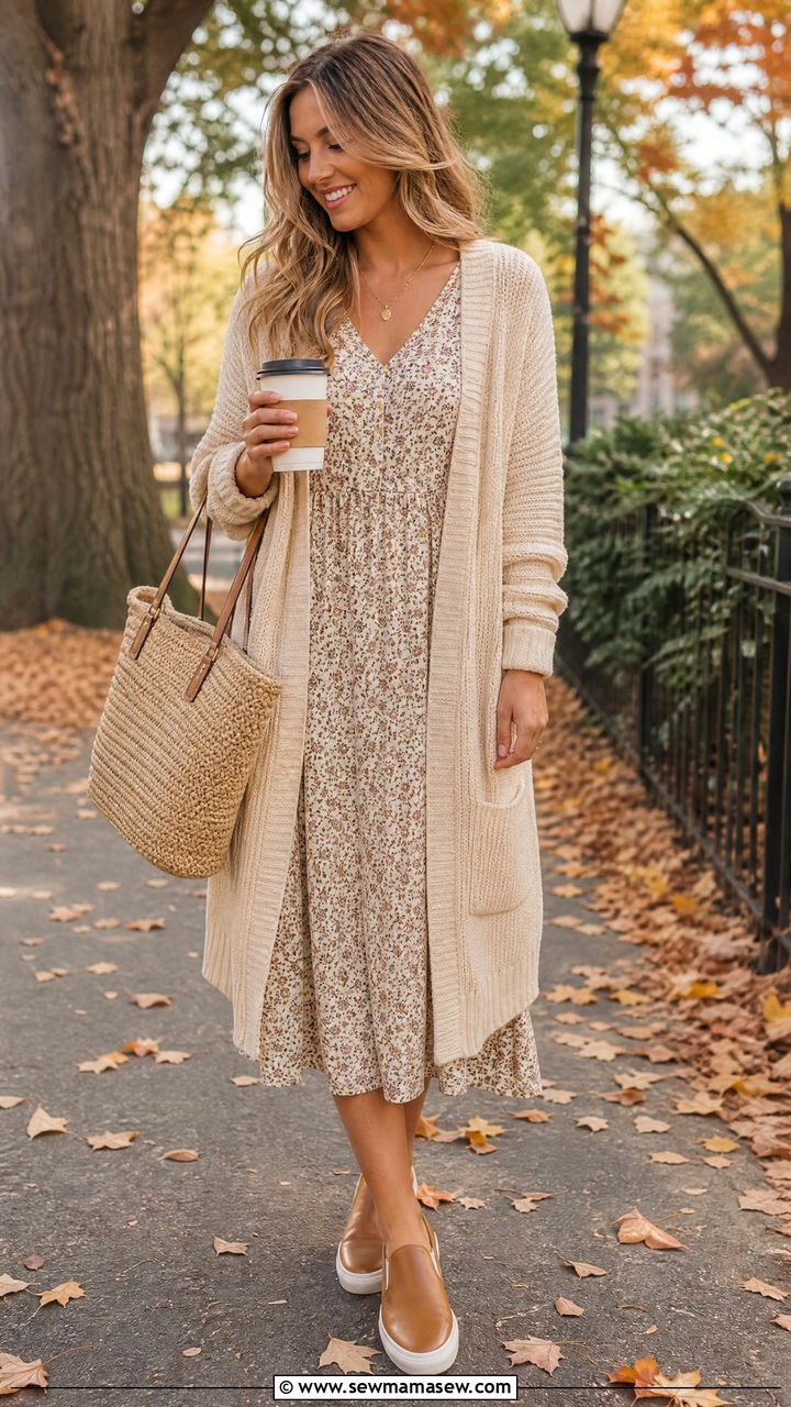 Midi Dress With A Cardigan And Slip On Sneakers - 30 Midi dress outfit ideas with sneakers