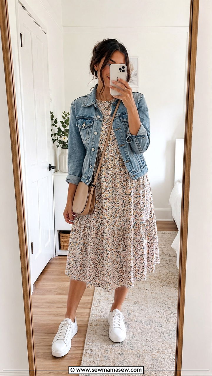 Midi Dress With A Denim Jacket - 30 Modest summer outfit ideas