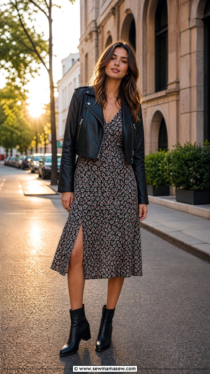 Midi Dress With Ankle Boots And Leather Jacket - 30 First warm day outfits