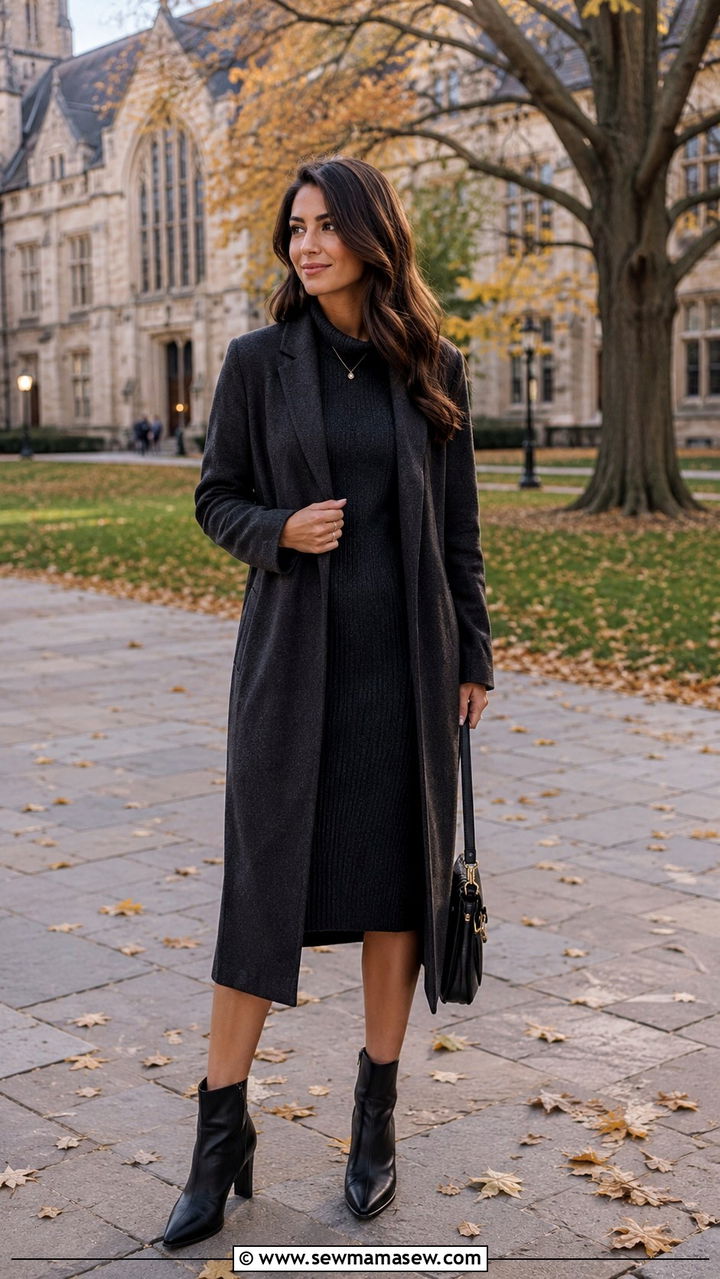Midi Dress With Ankle Boots And Structured Cardigan - 25 Professor outfit ideas