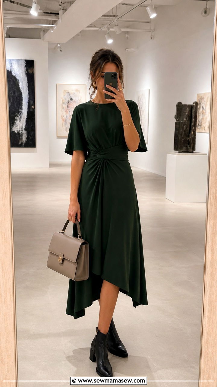 Midi Dress With Ankle Boots and a Structured Handbag - 20 Art gallery opening outfit ideas