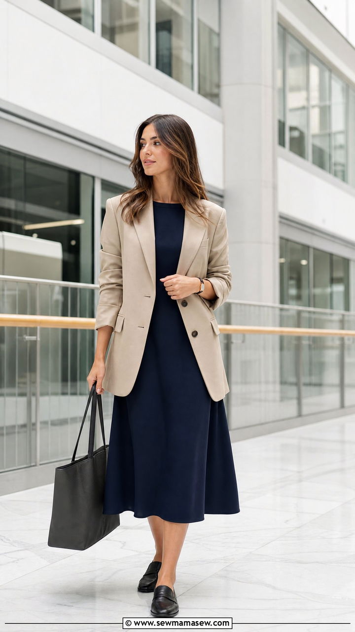 Midi Dress With Blazer And Loafers Outfit - 25 casual elegant outfits