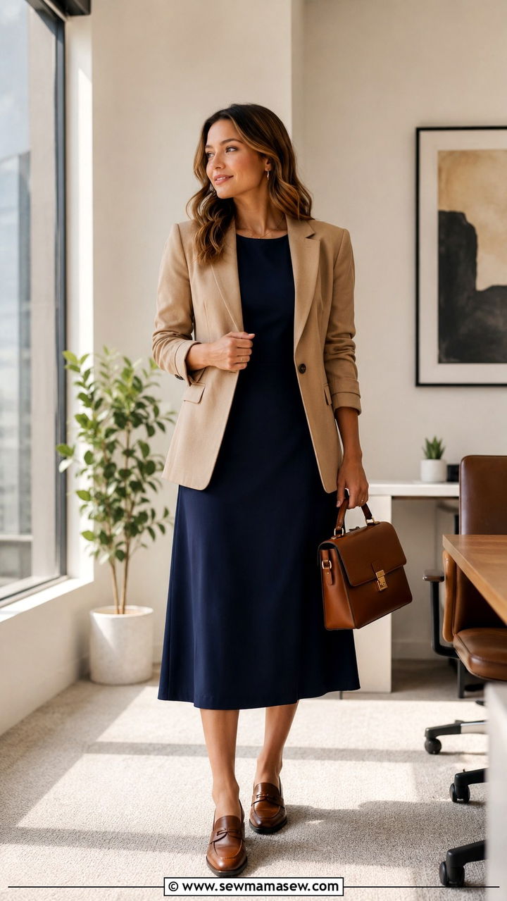 Midi Dress With Blazer And Loafers - 30 Midi dress with blazer outfit ideas