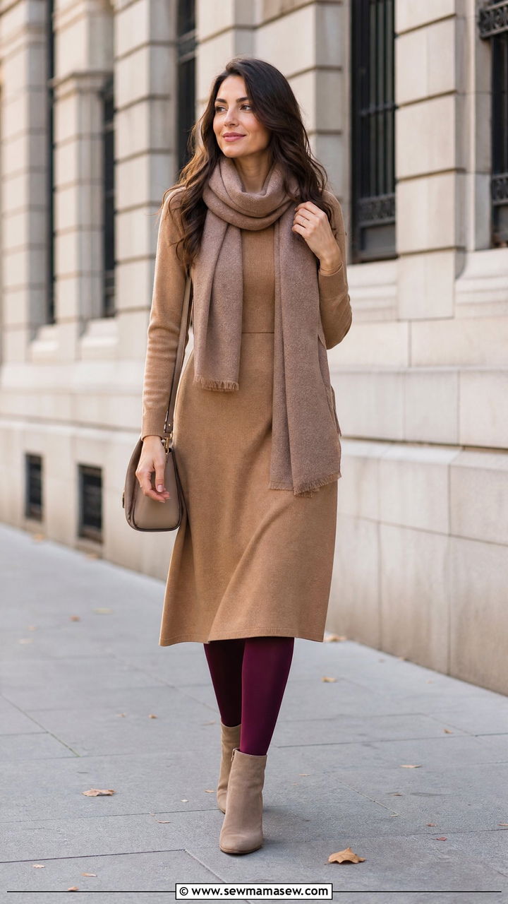 Midi Dress With Colored Tights And Neutral Shoes - 30 Midi dress outfit ideas with tights