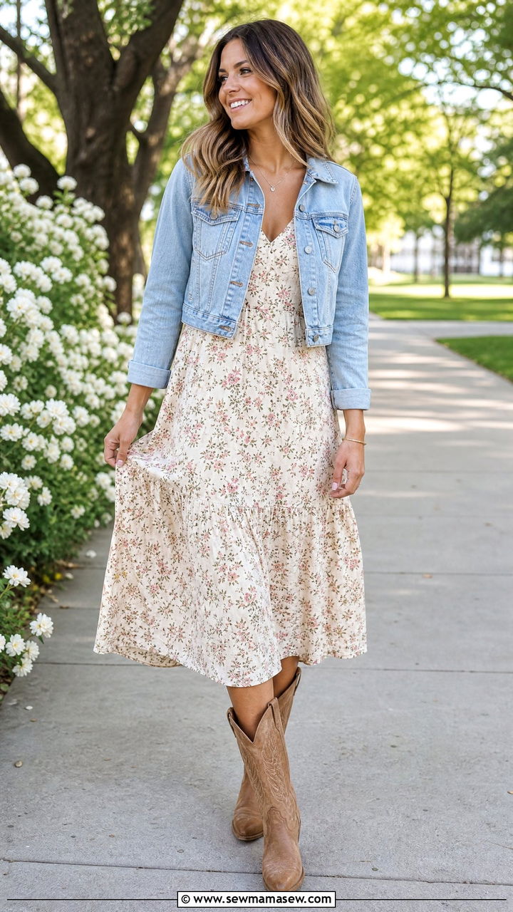 Midi Dress With Cowboy Boots And Denim Jacket - 30 Midi dress with cowboy boots outfit ideas