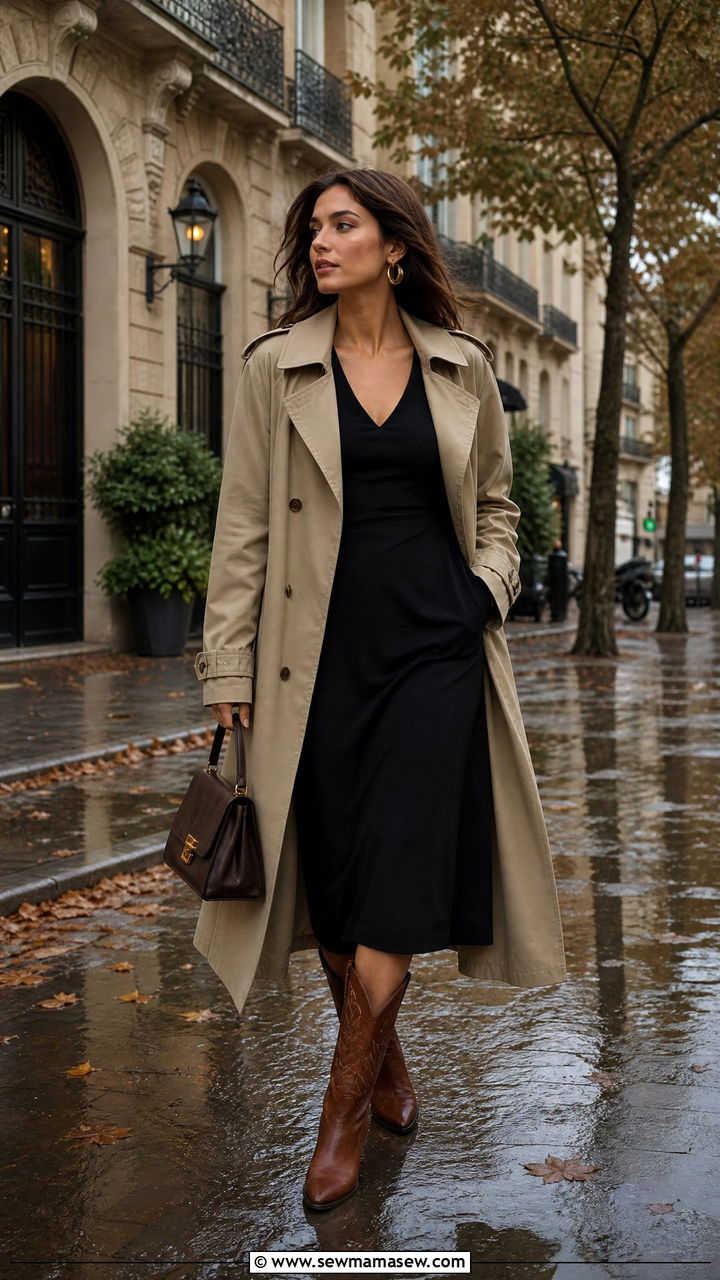 Midi Dress With Cowboy Boots And Trench Coat - 30 Midi dress with cowboy boots outfit ideas