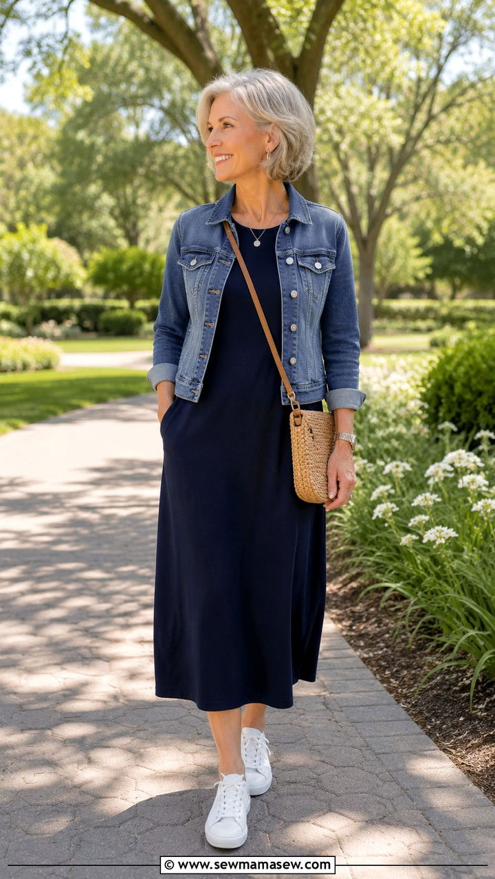 Midi Dress With Denim Jacket - 30 Minimalist outfits for women over 50