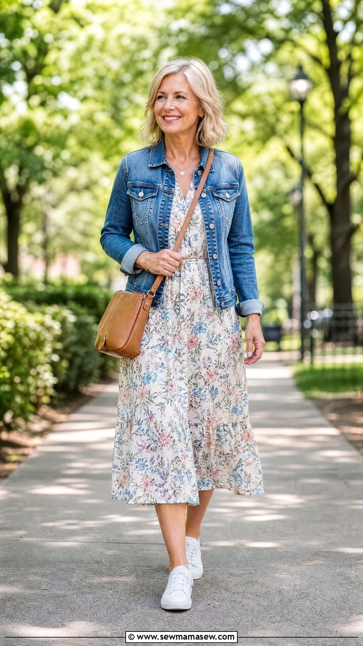 Midi Dress With Denim Jacket - 30 Modest outfits for women over 50