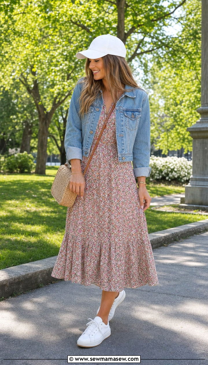 Midi Dress With Denim Jacket And Baseball Cap - 25 spring outfits with baseball cap