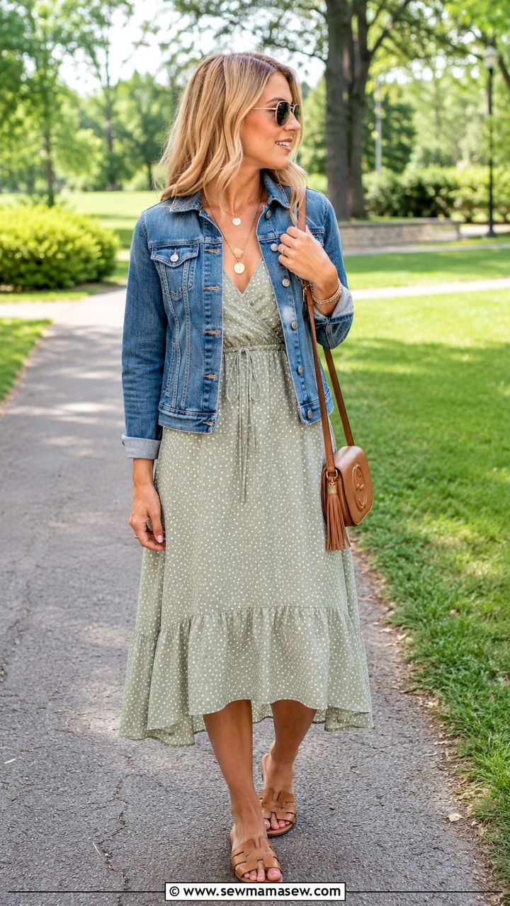 Midi Dress With Denim Jacket And Sandals - 30 stay at home mom outfit ideas