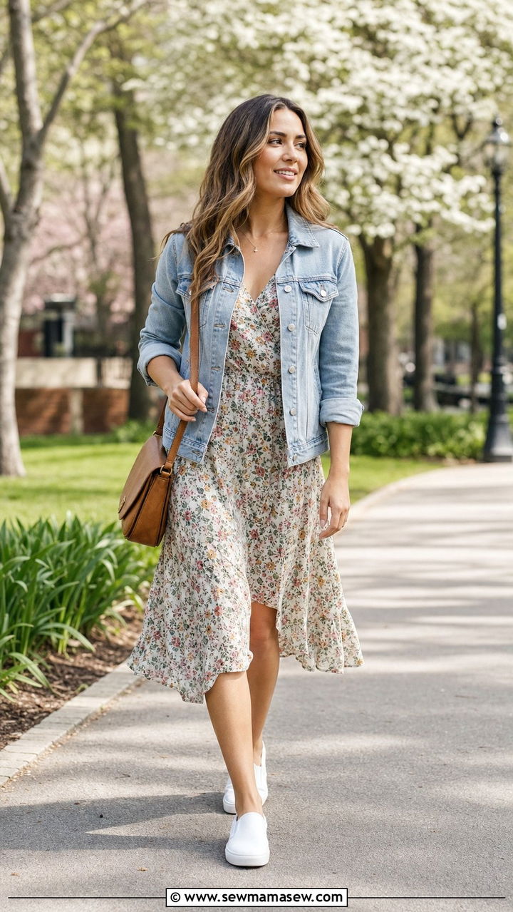 Midi Dress With Denim Jacket And Slip On Sneakers - 35 casual errands outfits