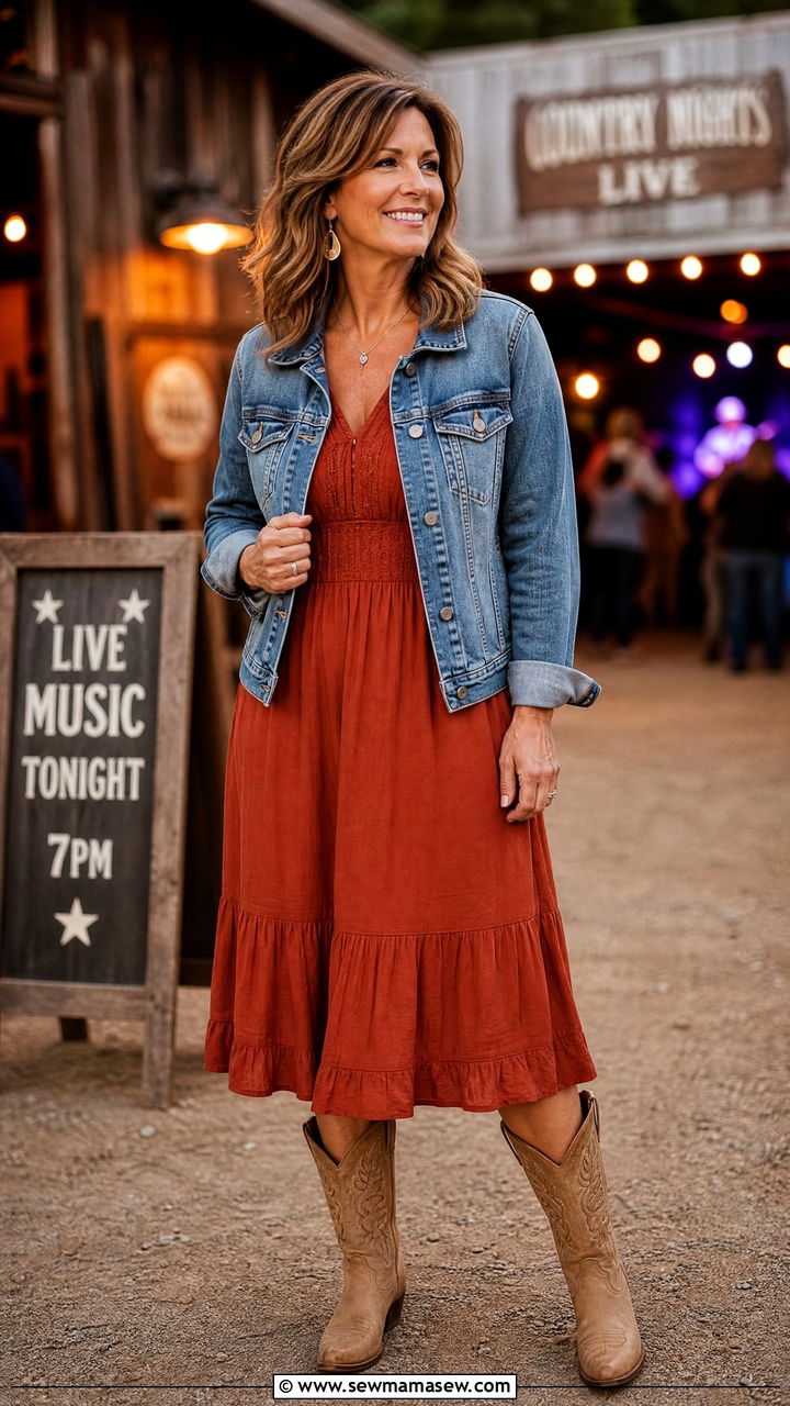 Midi Dress With Denim Jacket And Tan Boots - 30 country concert outfits for women over 40