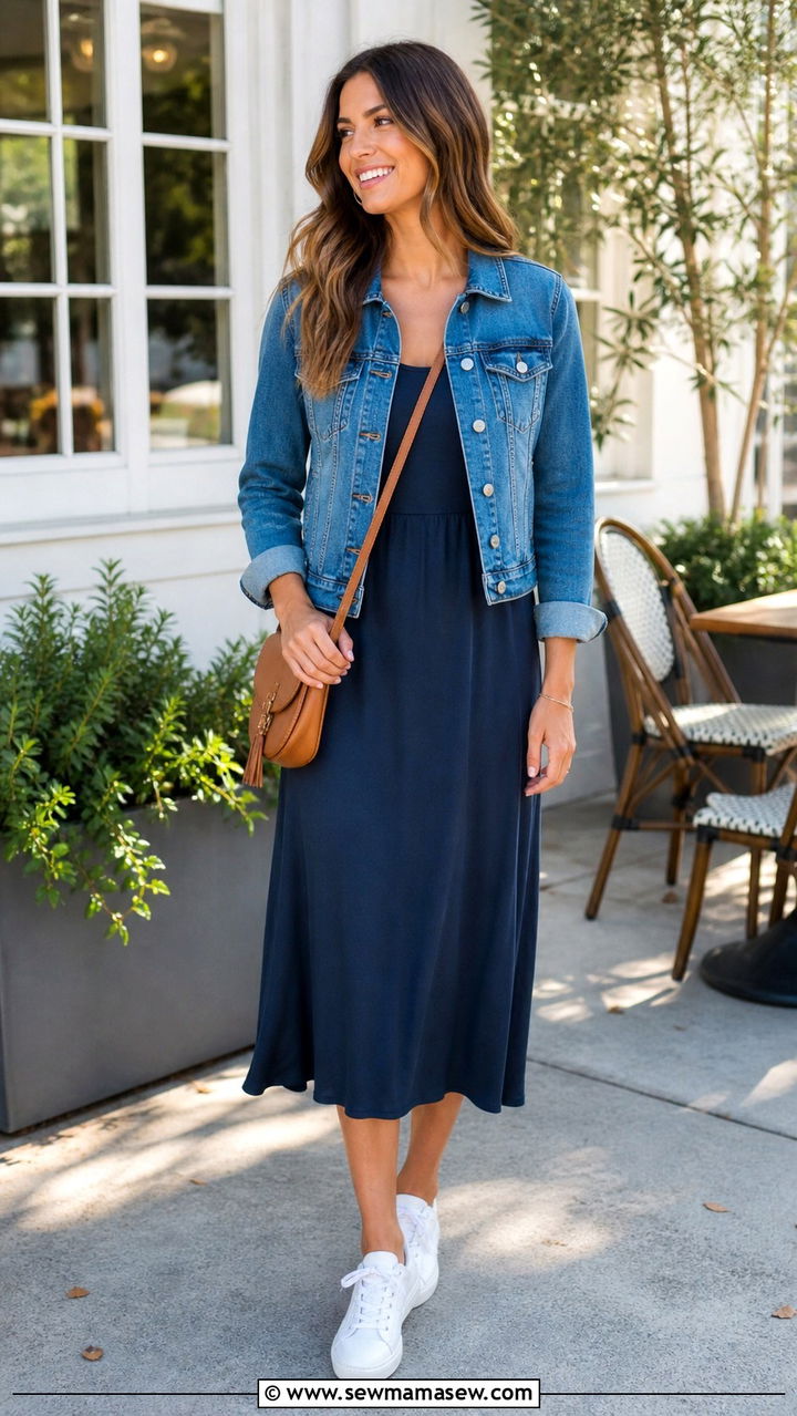 Midi Dress With Denim Jacket And White Sneakers - 40 dinner outfits for women