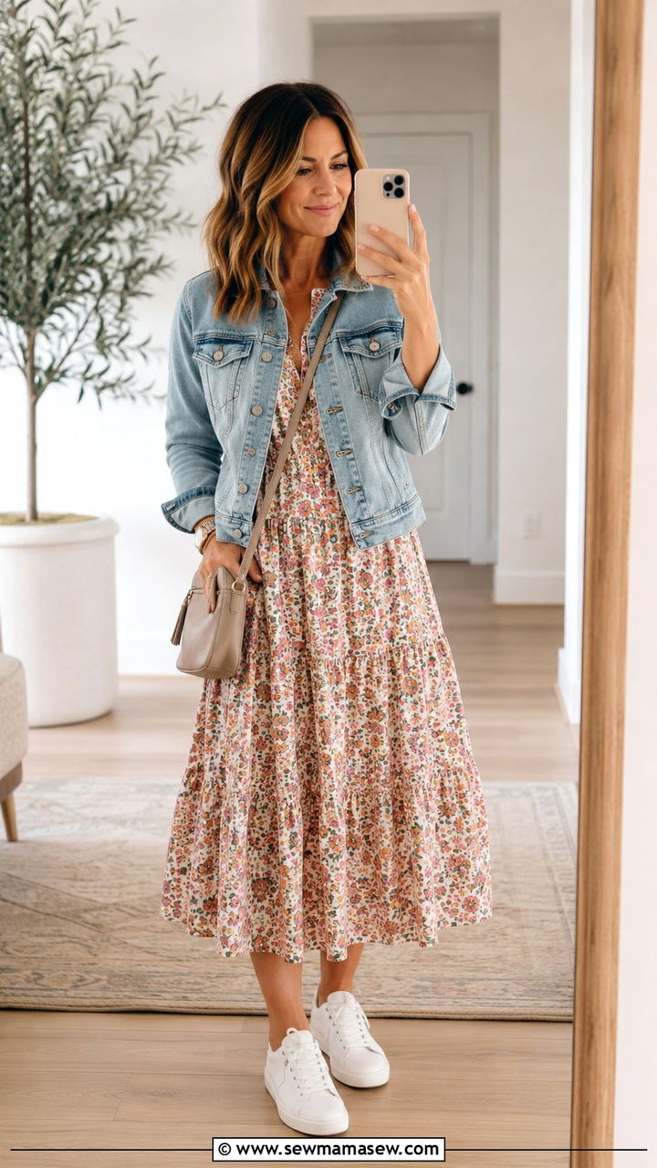 Midi Dress With Denim Jacket And White Sneakers - 25 Mid-40s outfit ideas