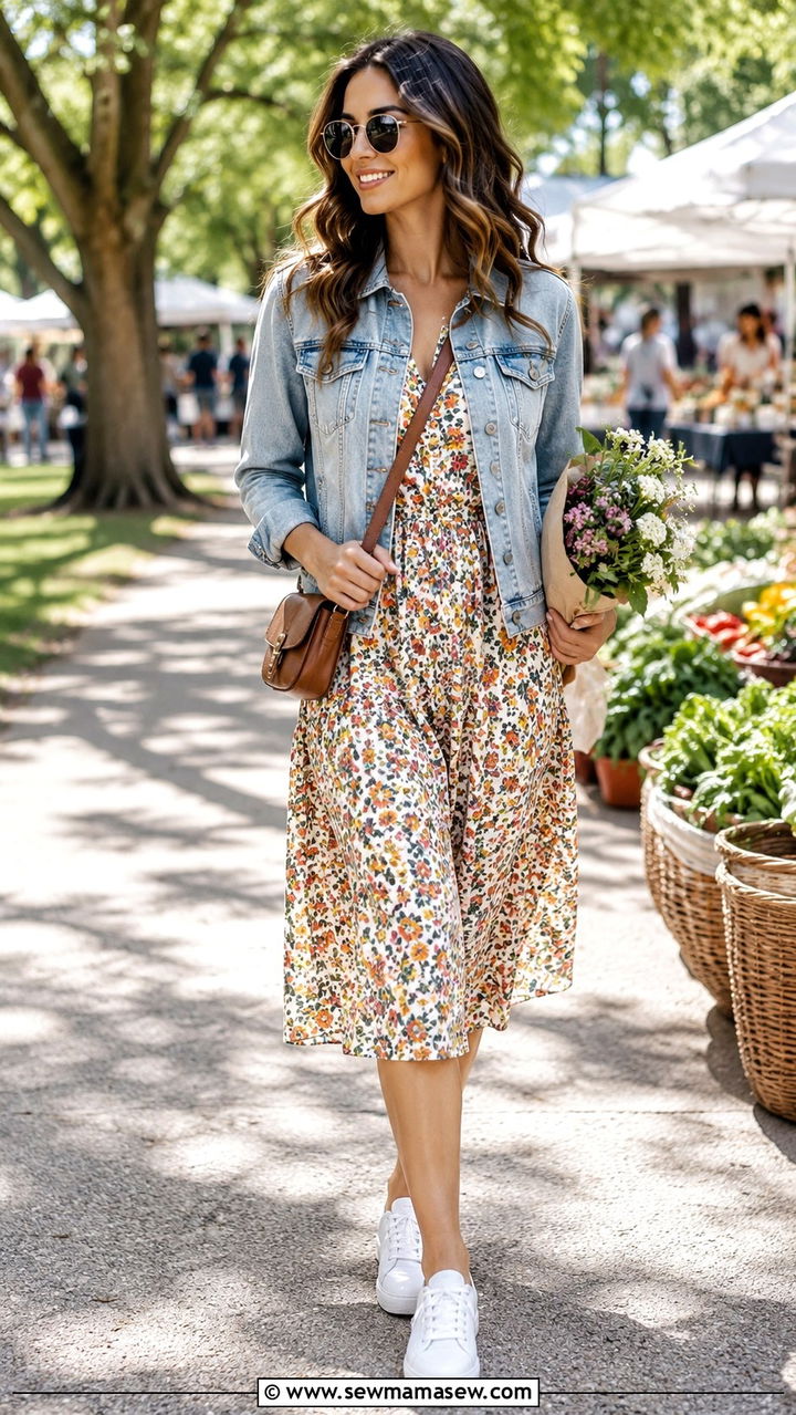 Midi Dress With Denim Jacket Outfit - 25 Mom uniform outfit ideas