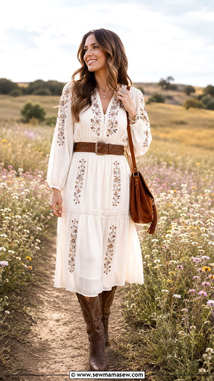 Midi Dress With Embroidery And Cowboy Boots - 30 Modest outfit ideas boho