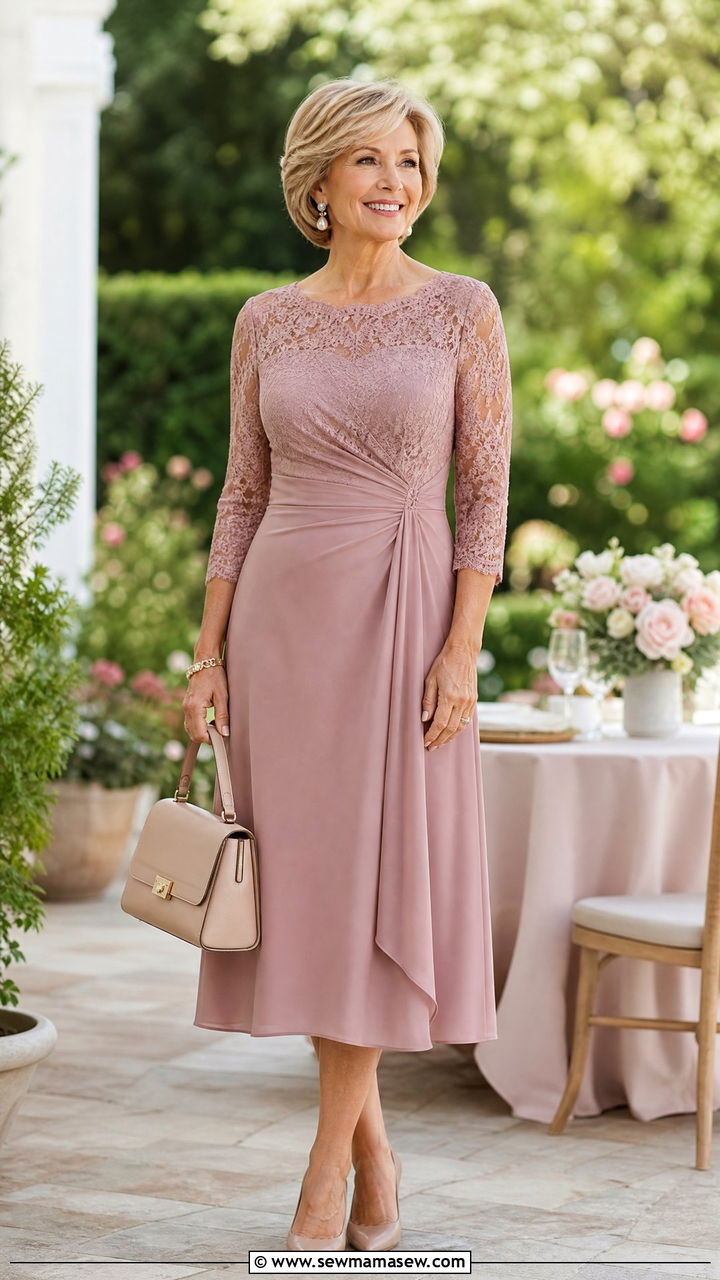 Midi Dress With Lace Sleeves And Nude Pumps - 35 Going out outfit ideas women over 50