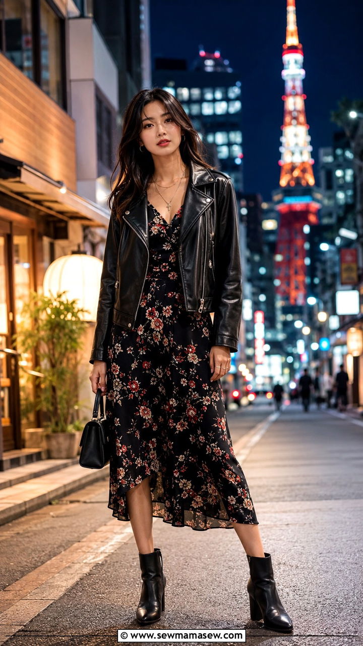 Midi Dress With Leather Jacket And Ankle Boots - 30 Tokyo vacation outfit ideas