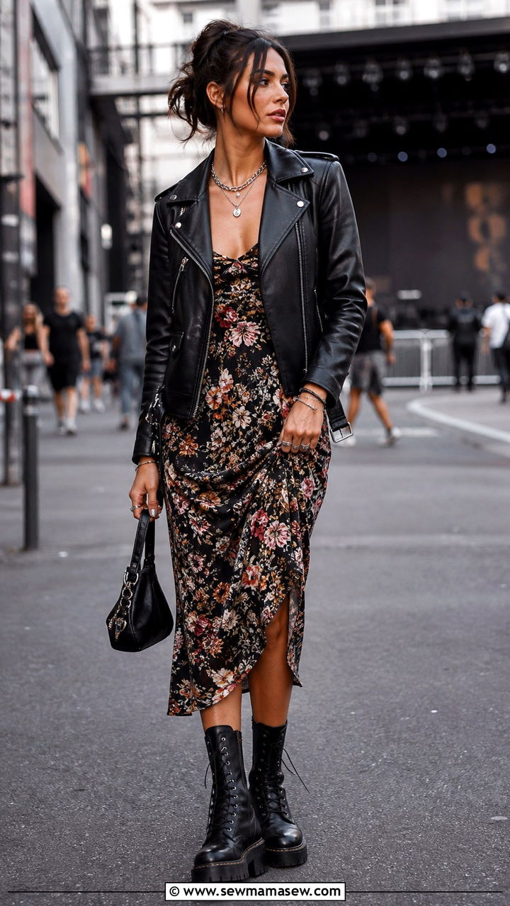 Midi Dress With Leather Jacket And Combat Boots Outfit - 40 dress outfits