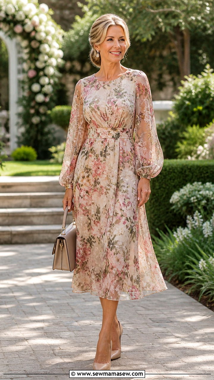 Midi Dress With Long Sleeves For Over 40 - 40 spring wedding guest outfit ideas