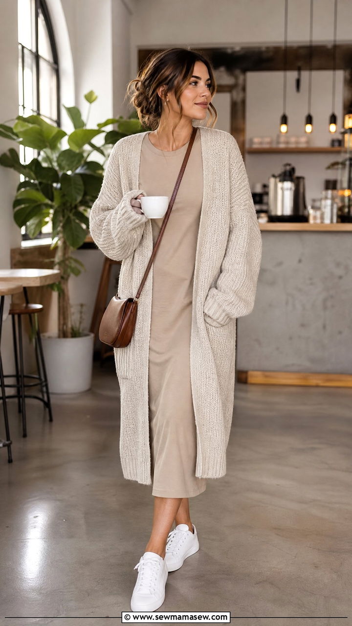 Midi Dress With Oversized Cardigan - 35 midi dress outfit ideas for women