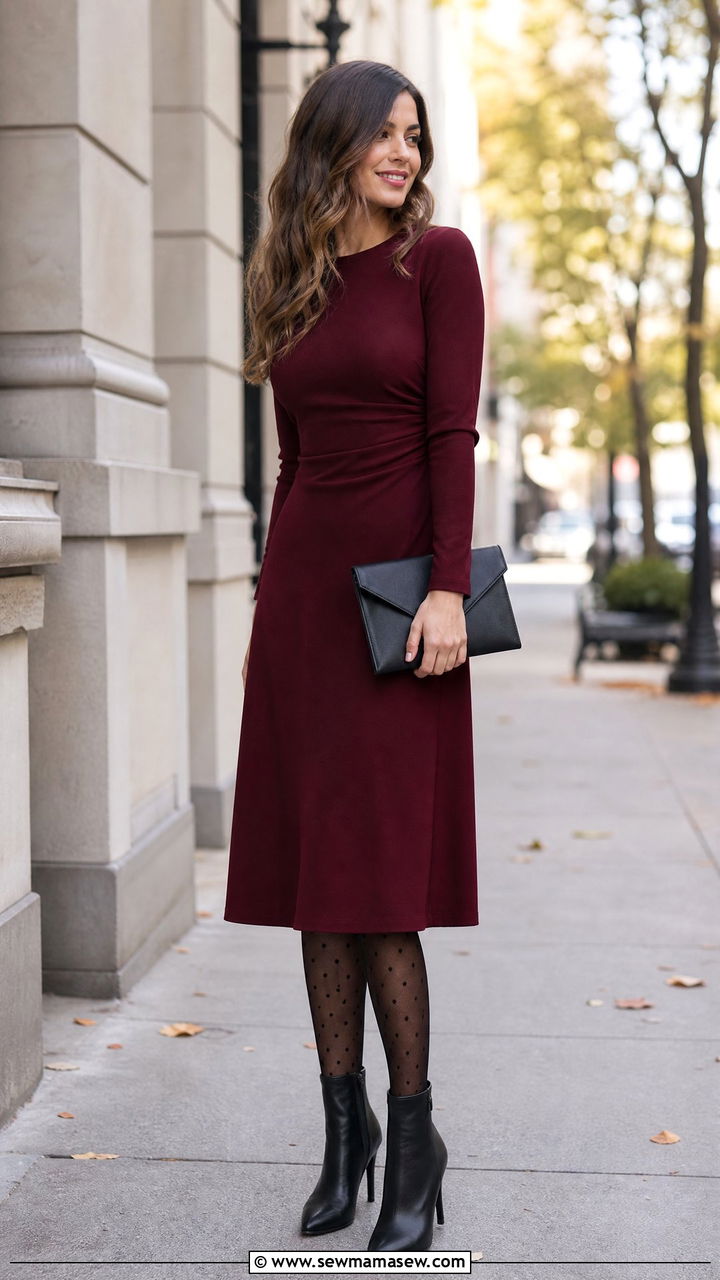 Midi Dress With Patterned Tights And Heeled Boots - 30 Midi dress outfit ideas with tights