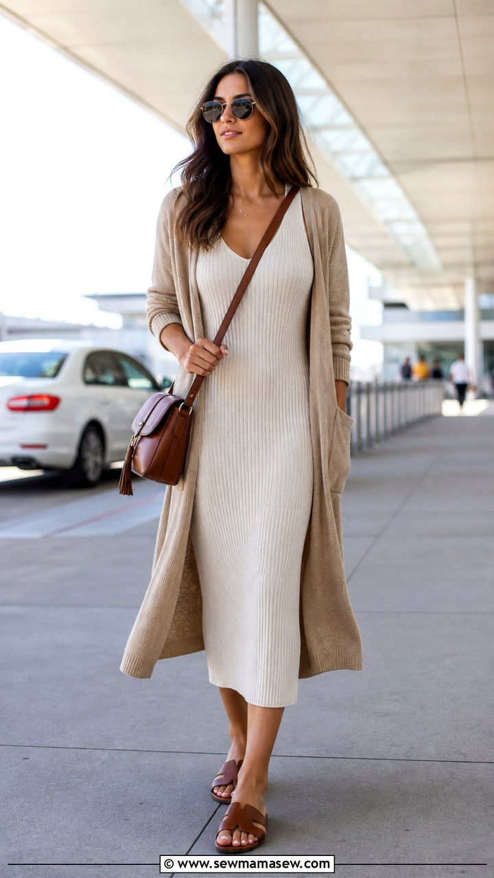 Midi Dress With Slide Sandals - 40 summer airport outfit ideas