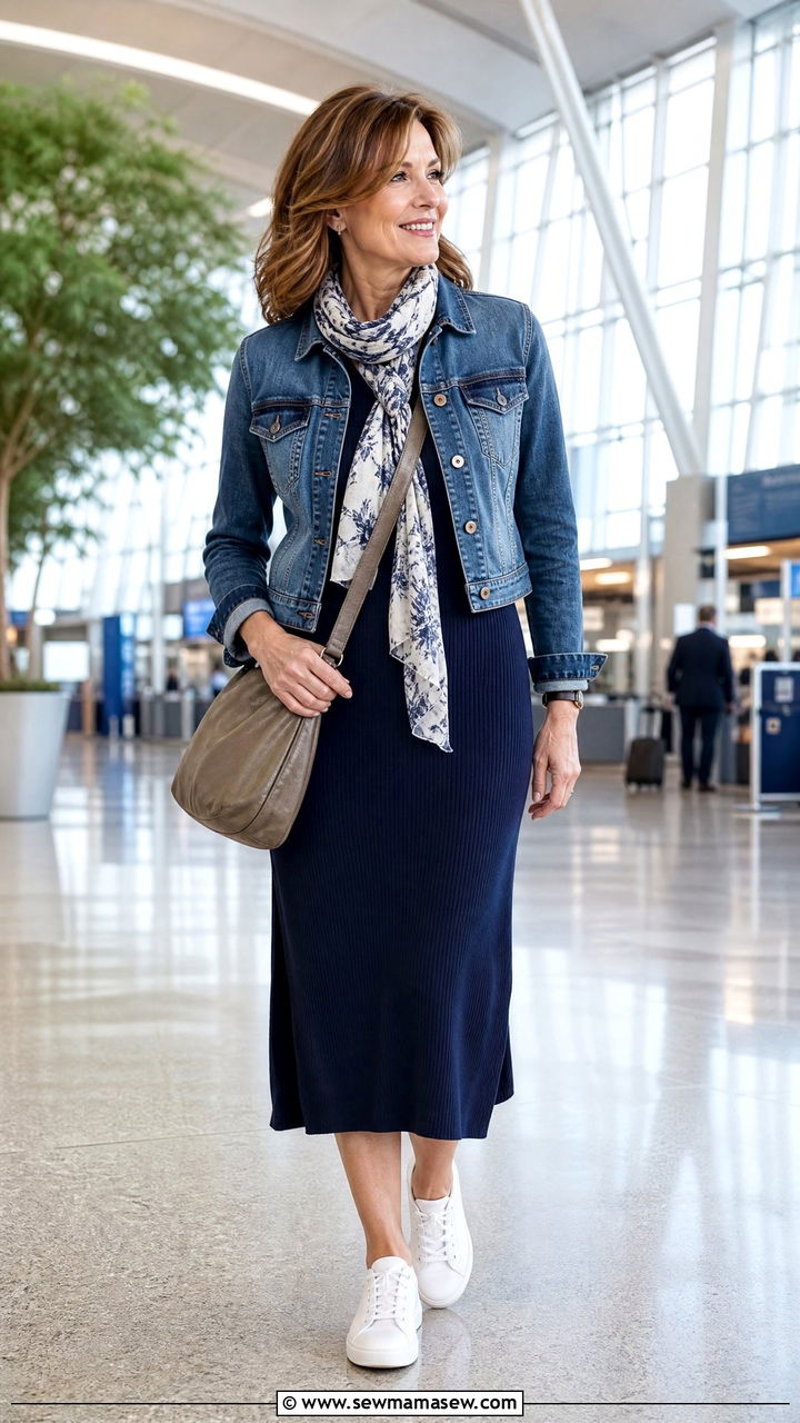 Midi Dress With Sneakers And Lightweight Jacket - 35 Airport outfit ideas for women over 40