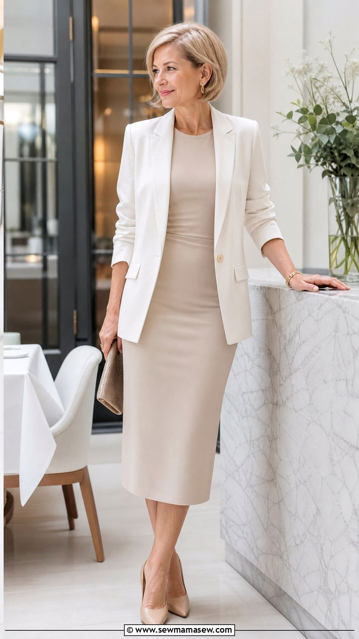Midi Dress With Soft Blazer And Pointed Toe Heels - 25 Brunch outfit ideas for women over 50
