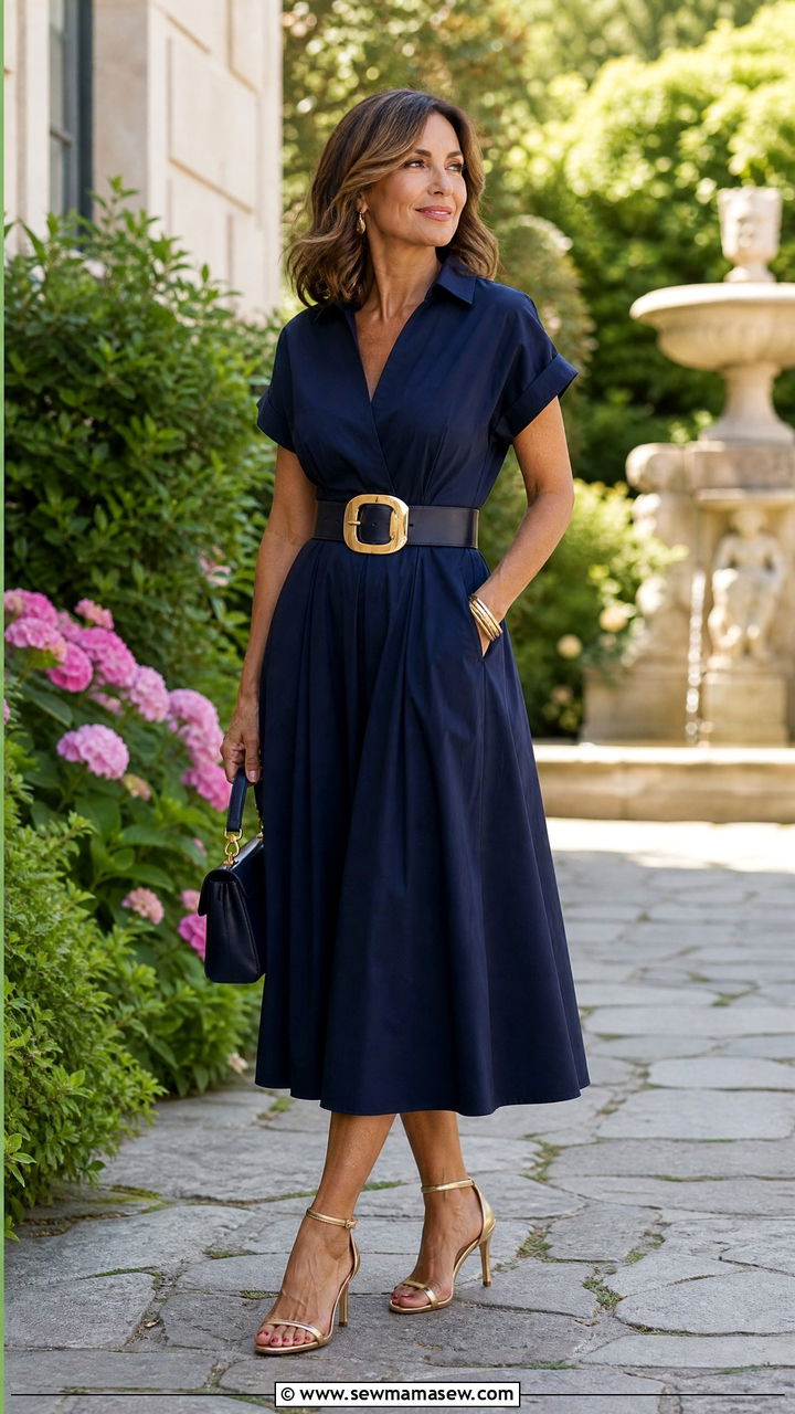 Midi Dress With Statement Belt and Heeled Sandals Outfit - 25 Fashion over 40 outfit ideas