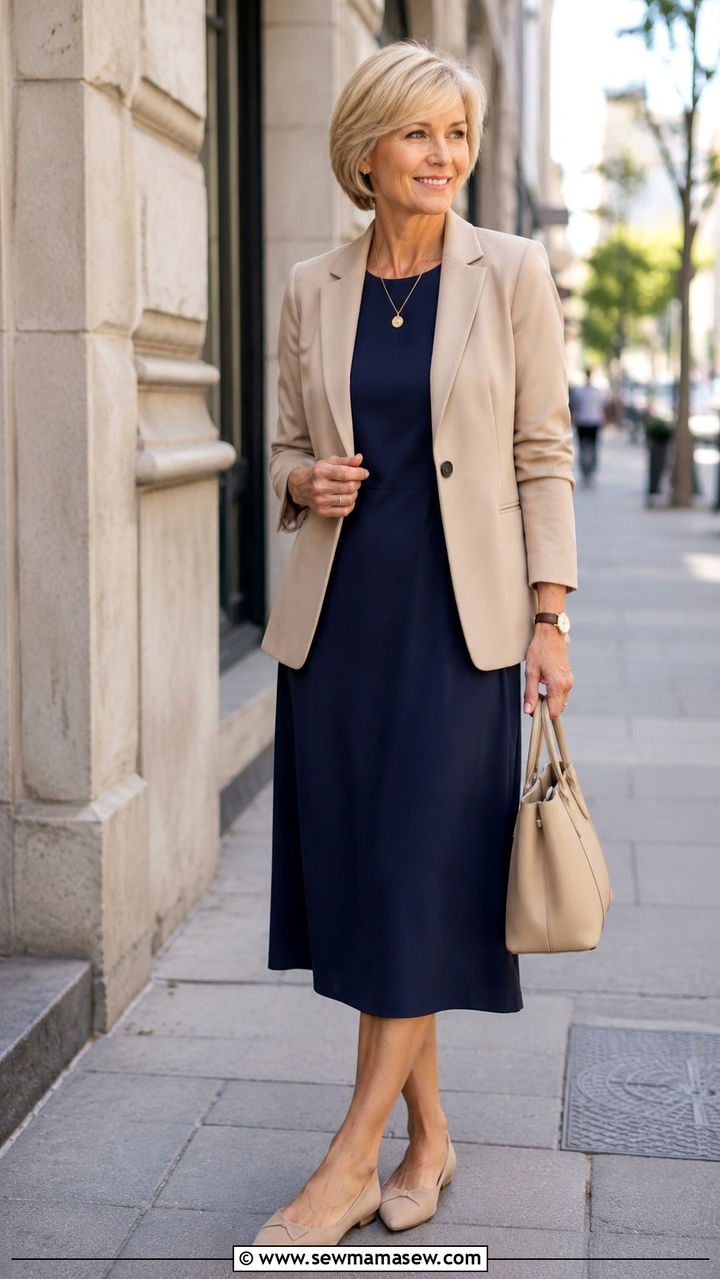 Midi Dress With Structured Blazer - 30 Minimalist outfit ideas for women over 50