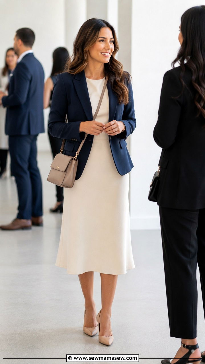Midi Dress With Tailored Navy Blazer - 30 Legal conference outfit ideas