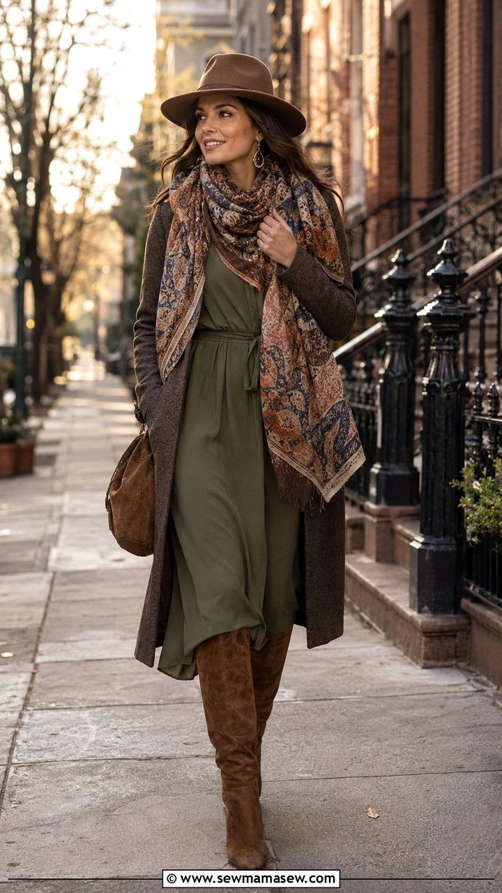 Midi Dress With Tall Boots And XL Scarf - 20 March outfit ideas 2026