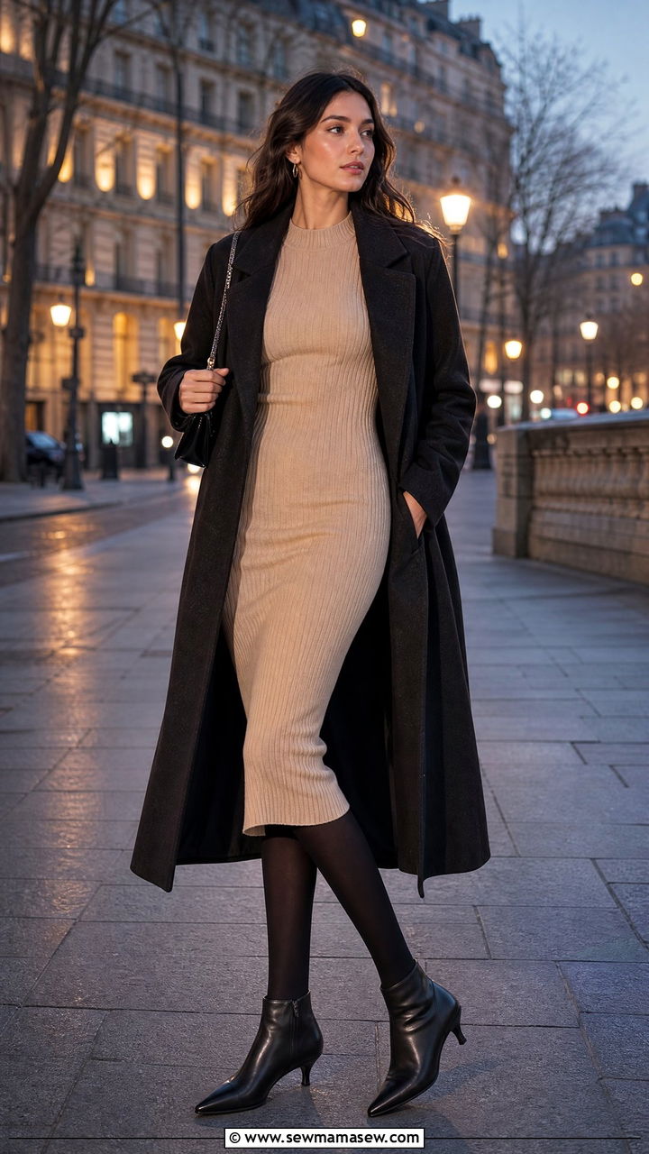 Midi Dress With Tights And Kitten Heel Boots - 30 Midi dress outfit ideas with tights