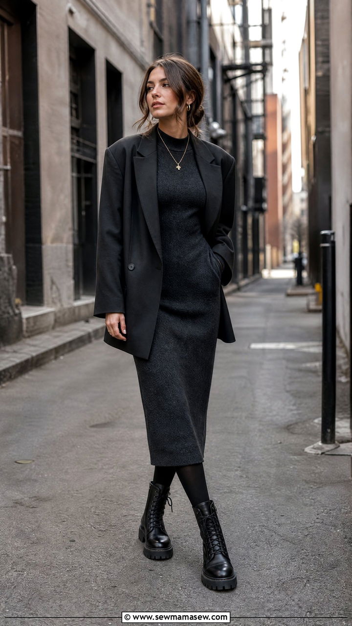 Midi Dress With Tights And Lug Sole Boots - 30 Midi dress outfit ideas with tights