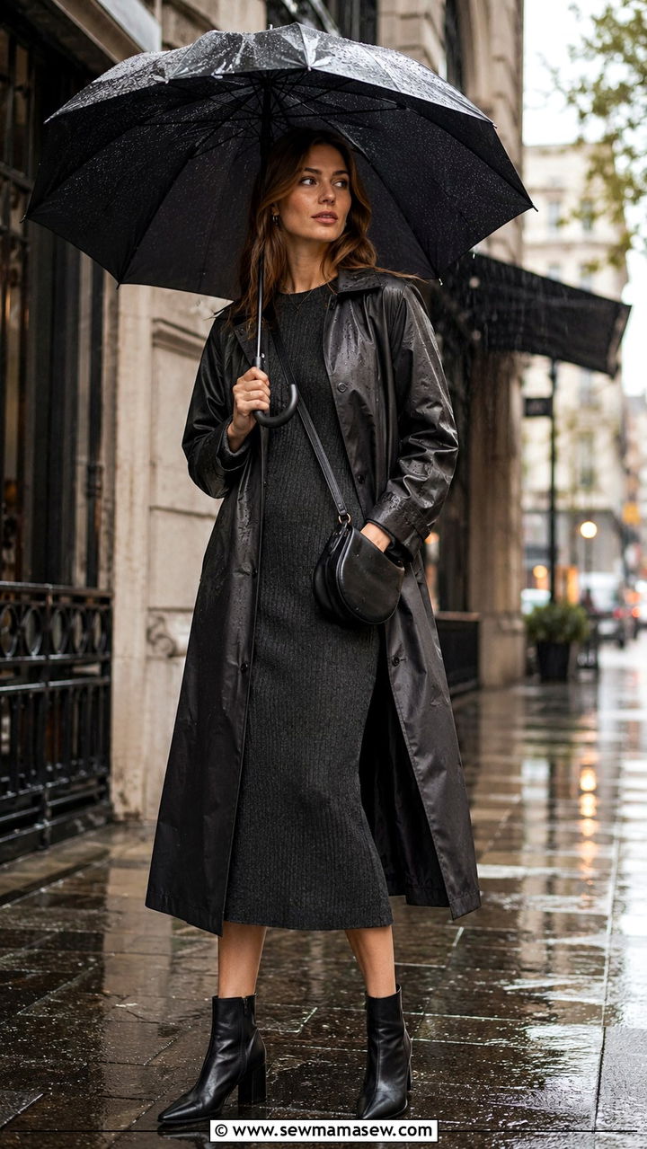Midi Dress With Waterproof Trench Coat - 30 Rainy day work outfit ideas