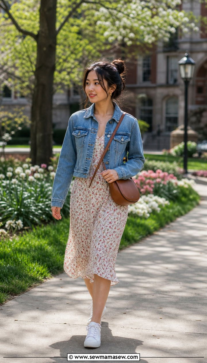 Midi Dress With White Sneakers and Denim Jacket - 25 College outfit ideas petite