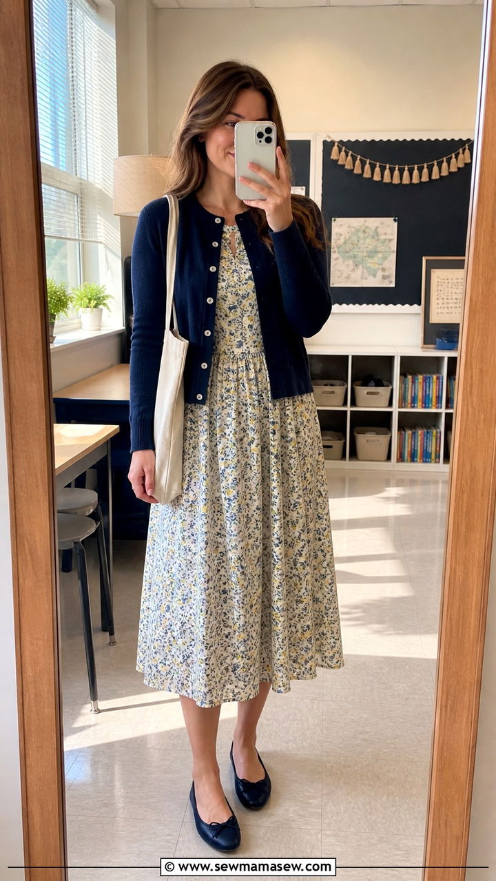 Midi Dress and Cardigan Teacher Outfit - 40 Teacher outfit ideas
