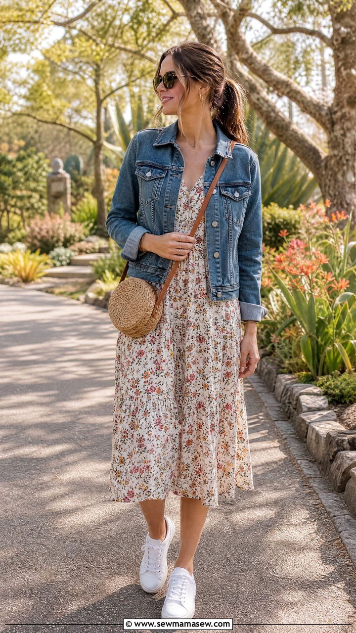 Midi Dress and Denim Jacket Errands Outfit - 30 errands outfits ideas