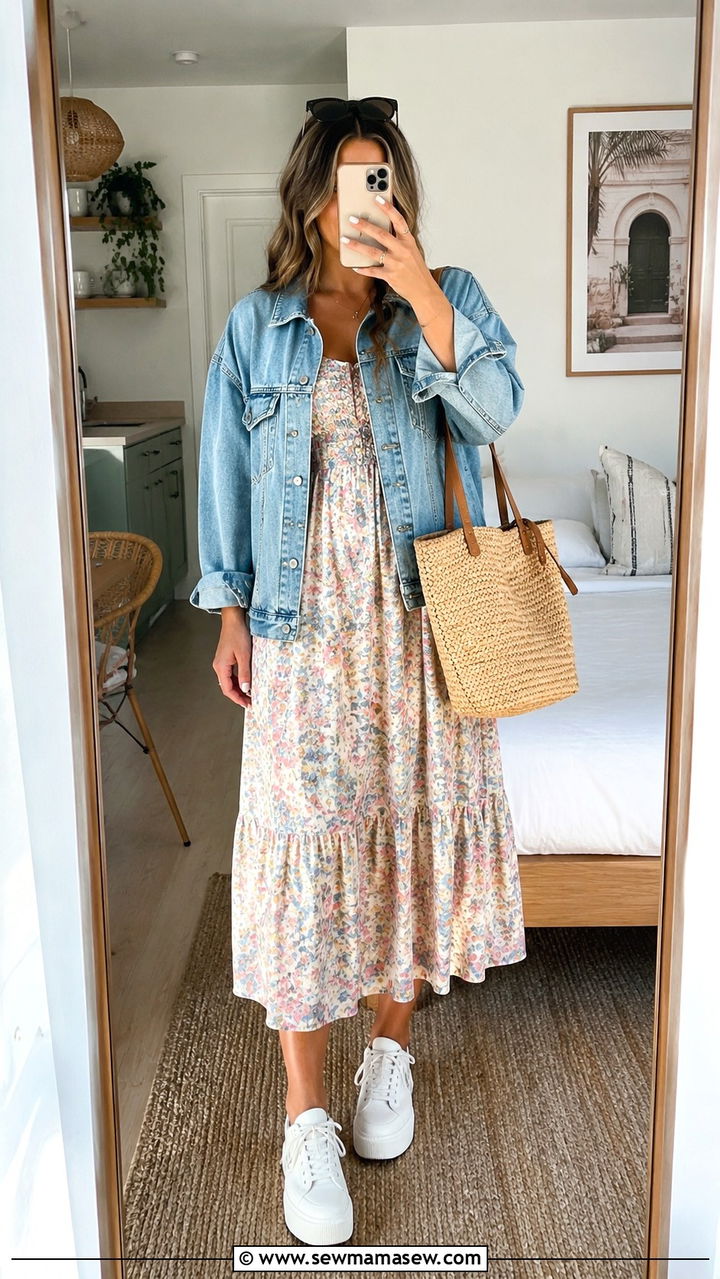 Midi Dress and Denim Jacket Outfit - 20 Spring Europe packing outfits