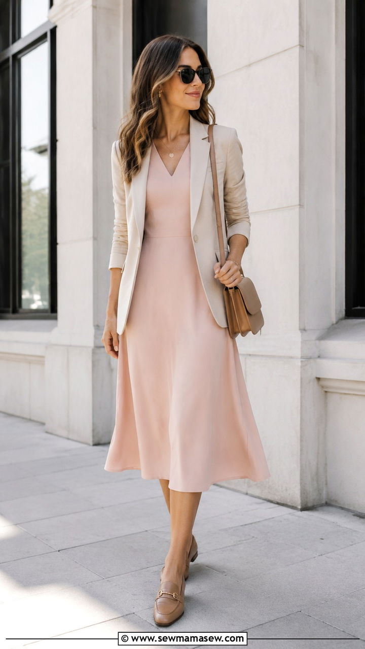 Midi Dress and Lightweight Blazer Combination - 30 spring outfits for office women
