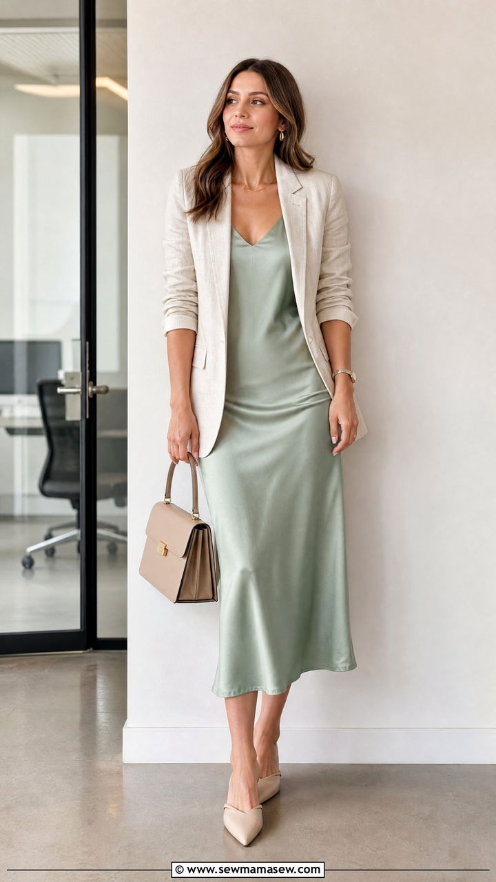 Midi Dress and Lightweight Blazer Outfit - 20 Spring outfits for 70 degree weather
